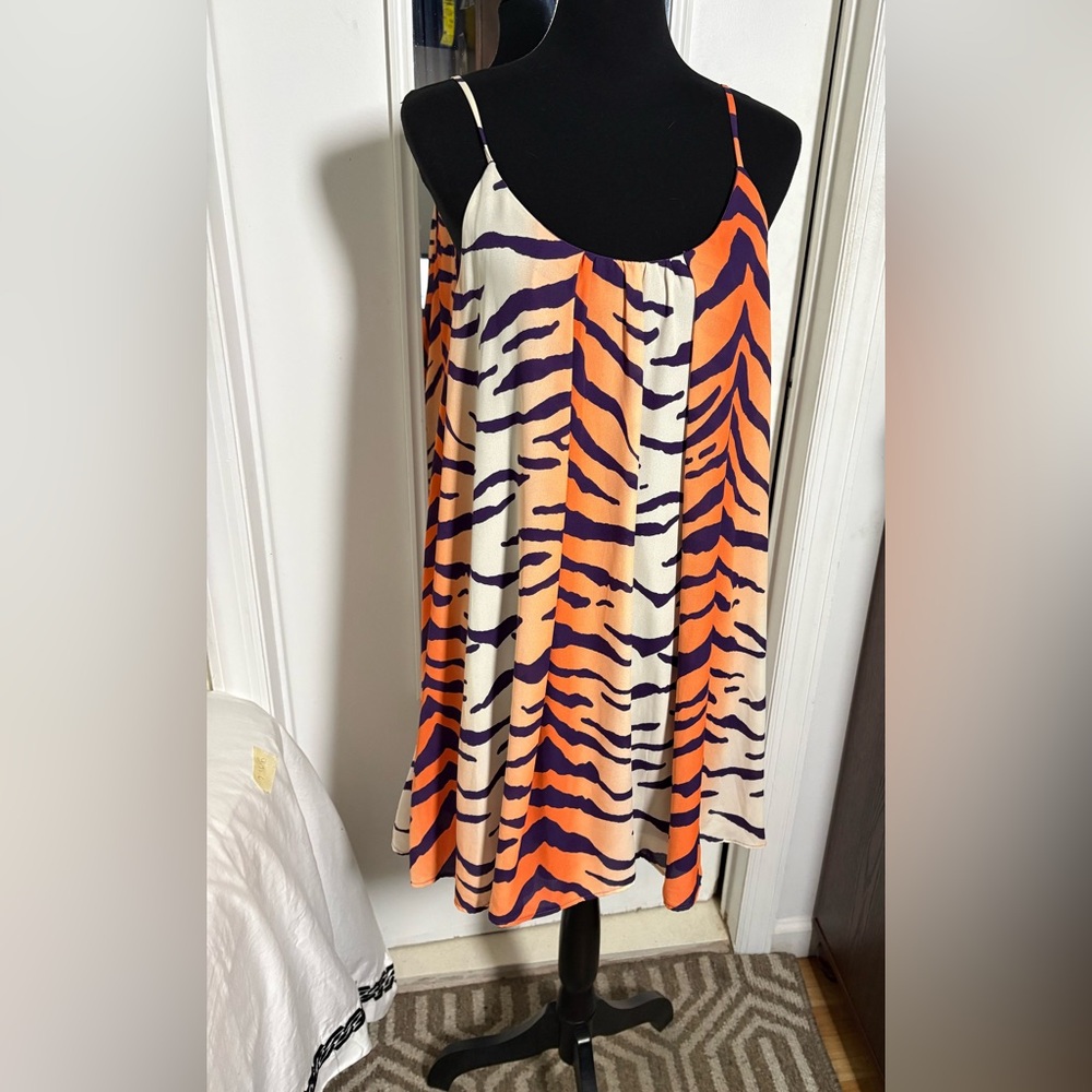 NWT Purple & Orange Tiger Stripe Claw Mark Sleeveless Swing Dress Small